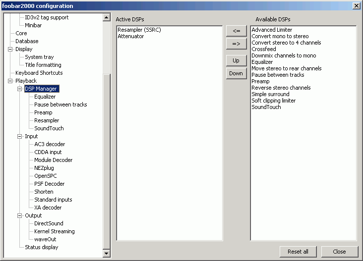 foobar2000 configuration - DSP Manager
